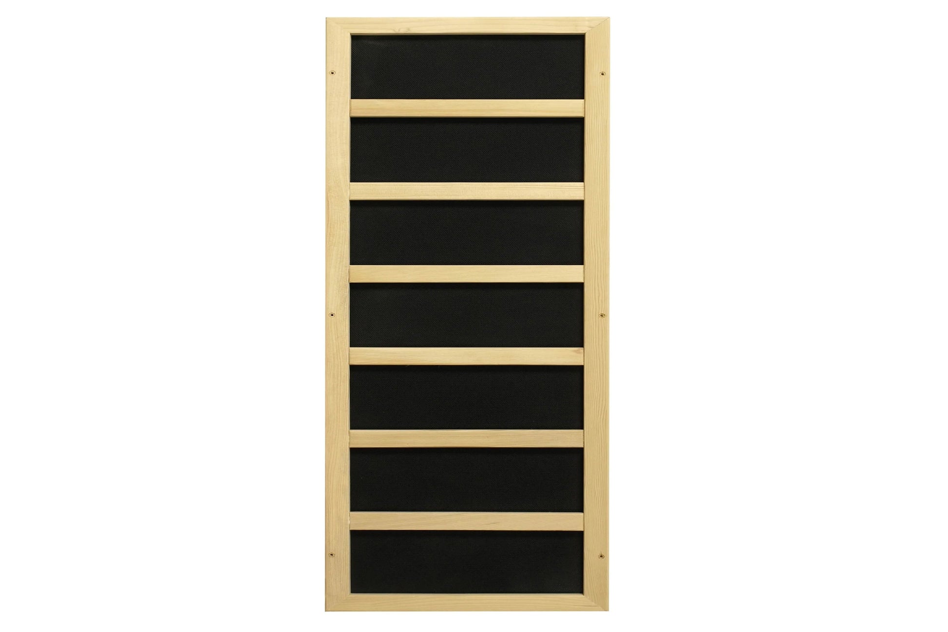 Natural wood sauna cabinet with seven black horizontal panels separated by light wood dividers, front view on white backgroun