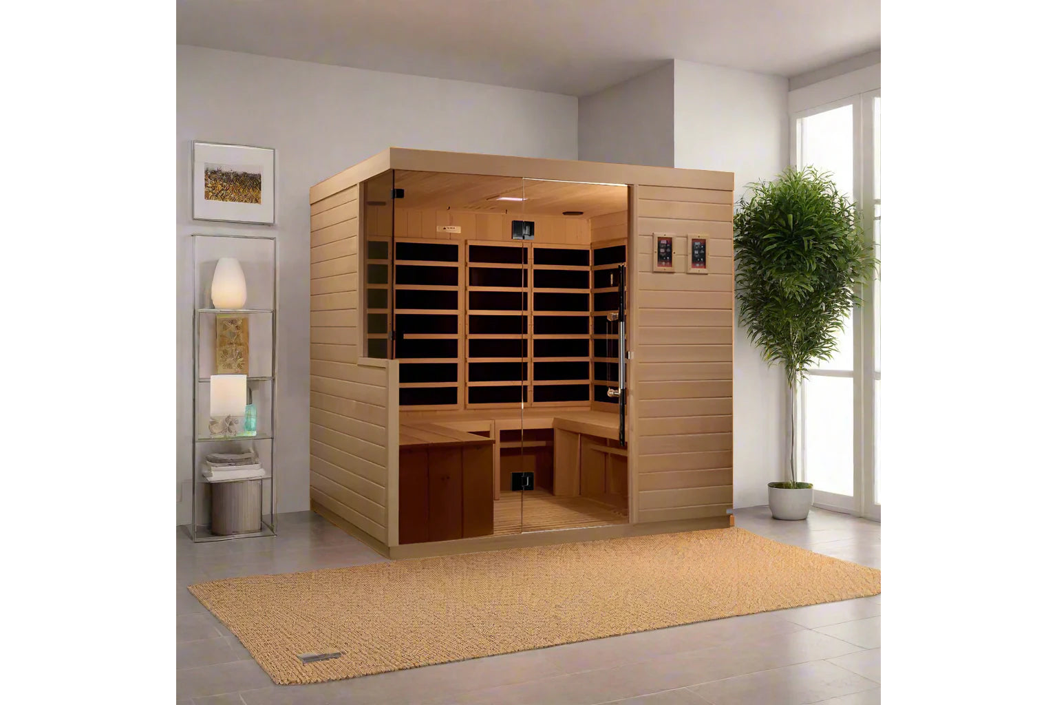 Four-person wooden sauna with glass door and infrared heater panels visible inside, positioned in modern bedroom setting on t