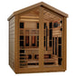Golden Designs Loviisa 3-person hybrid sauna with cedar wood exterior, glass doors, infrared heaters, and bench seating on wh