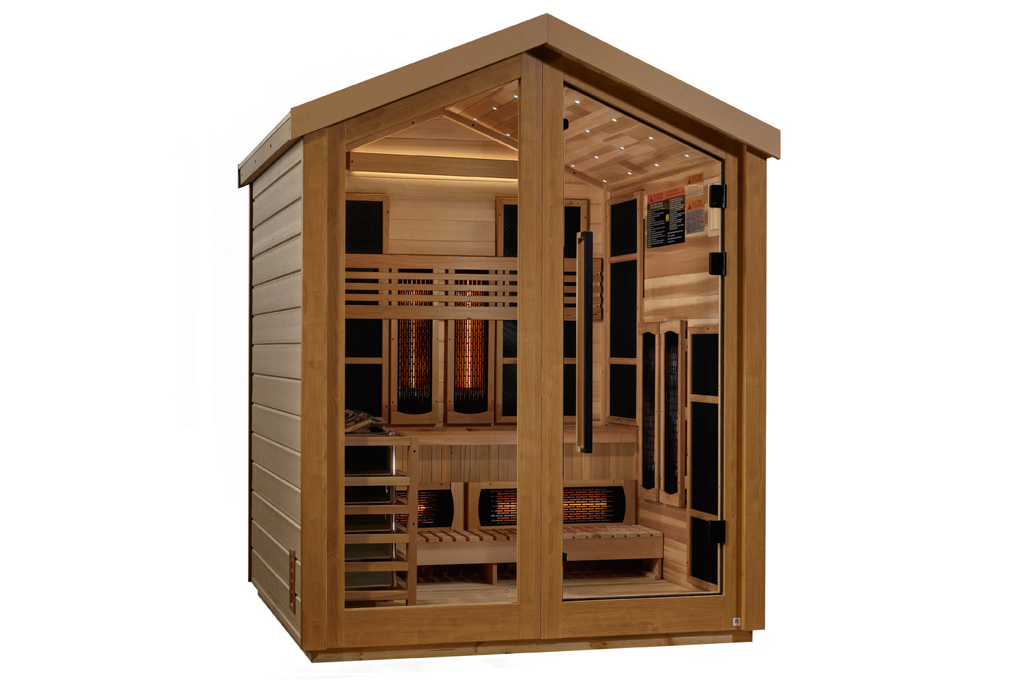 Golden Designs Loviisa 3-person hybrid sauna with cedar wood exterior, glass doors, infrared heaters, and bench seating on wh