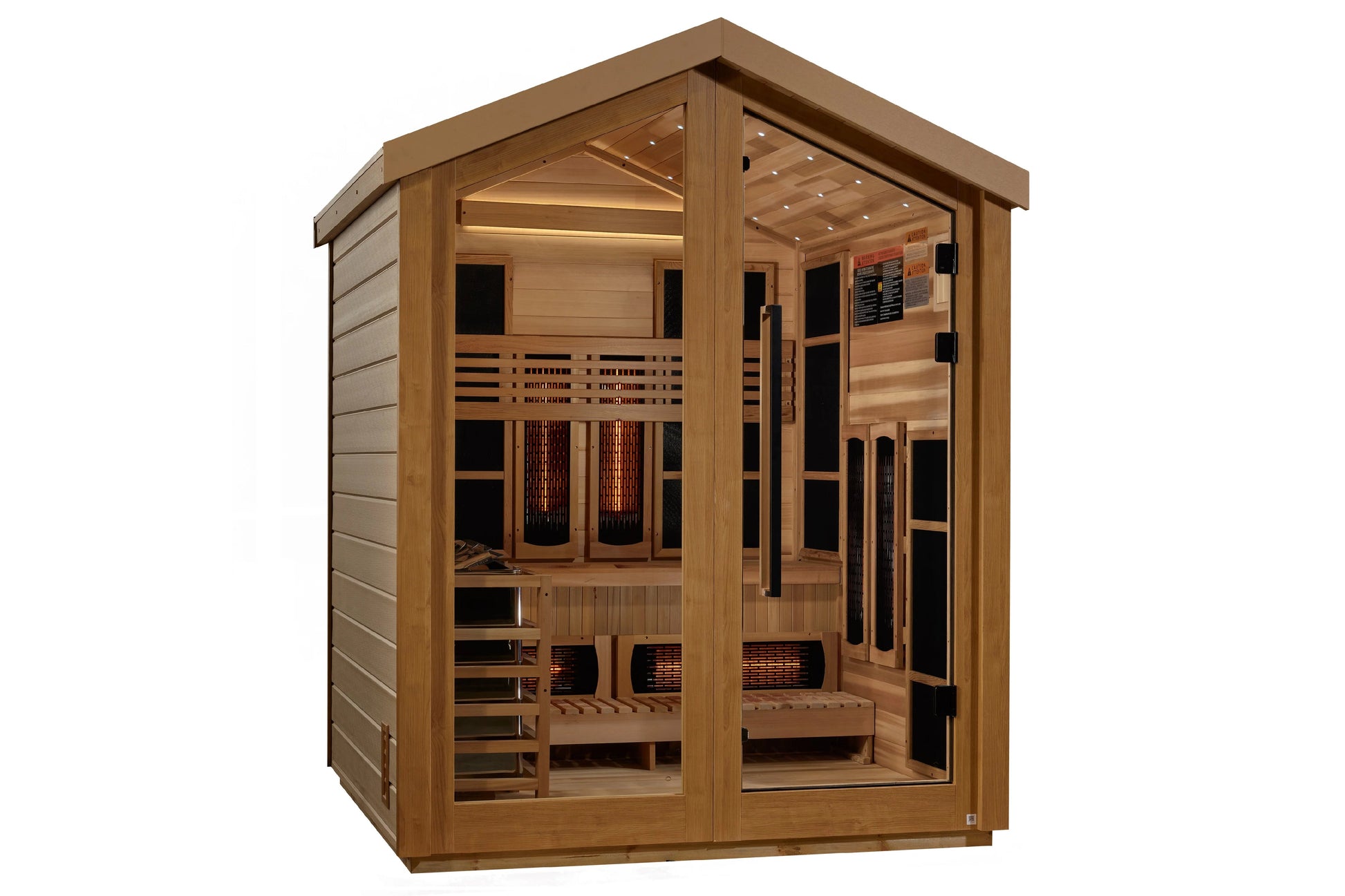 Golden Designs Loviisa 3-person hybrid sauna with cedar wood exterior, glass doors, infrared heaters, and bench seating on wh