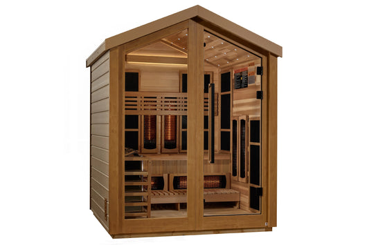 Golden Designs Loviisa 3-person hybrid sauna with cedar wood exterior, glass doors, infrared heaters, and bench seating on wh
