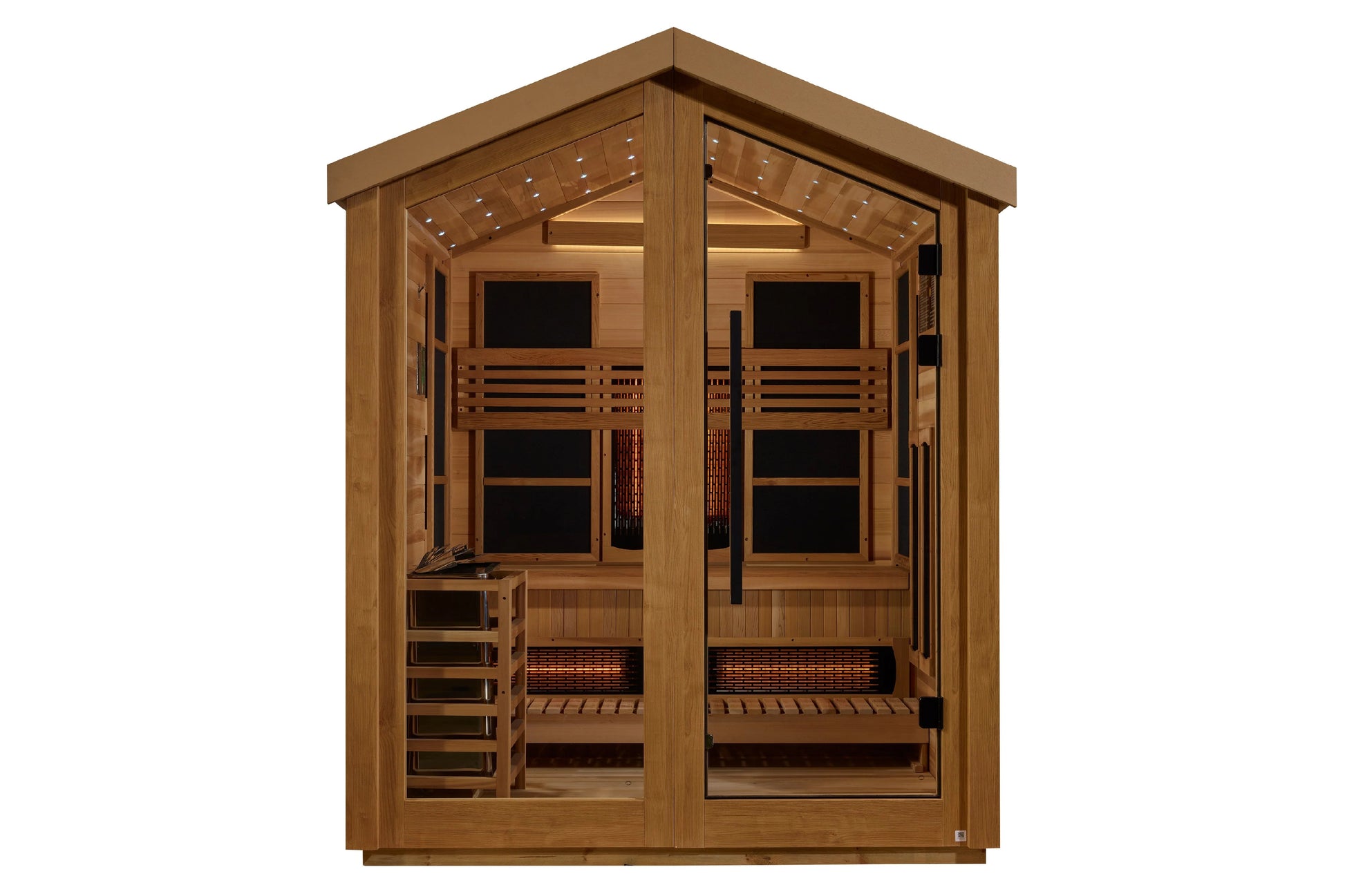 Golden Designs Loviisa 3-person hybrid sauna with cedar wood exterior, glass doors, infrared heaters, and full spectrum light