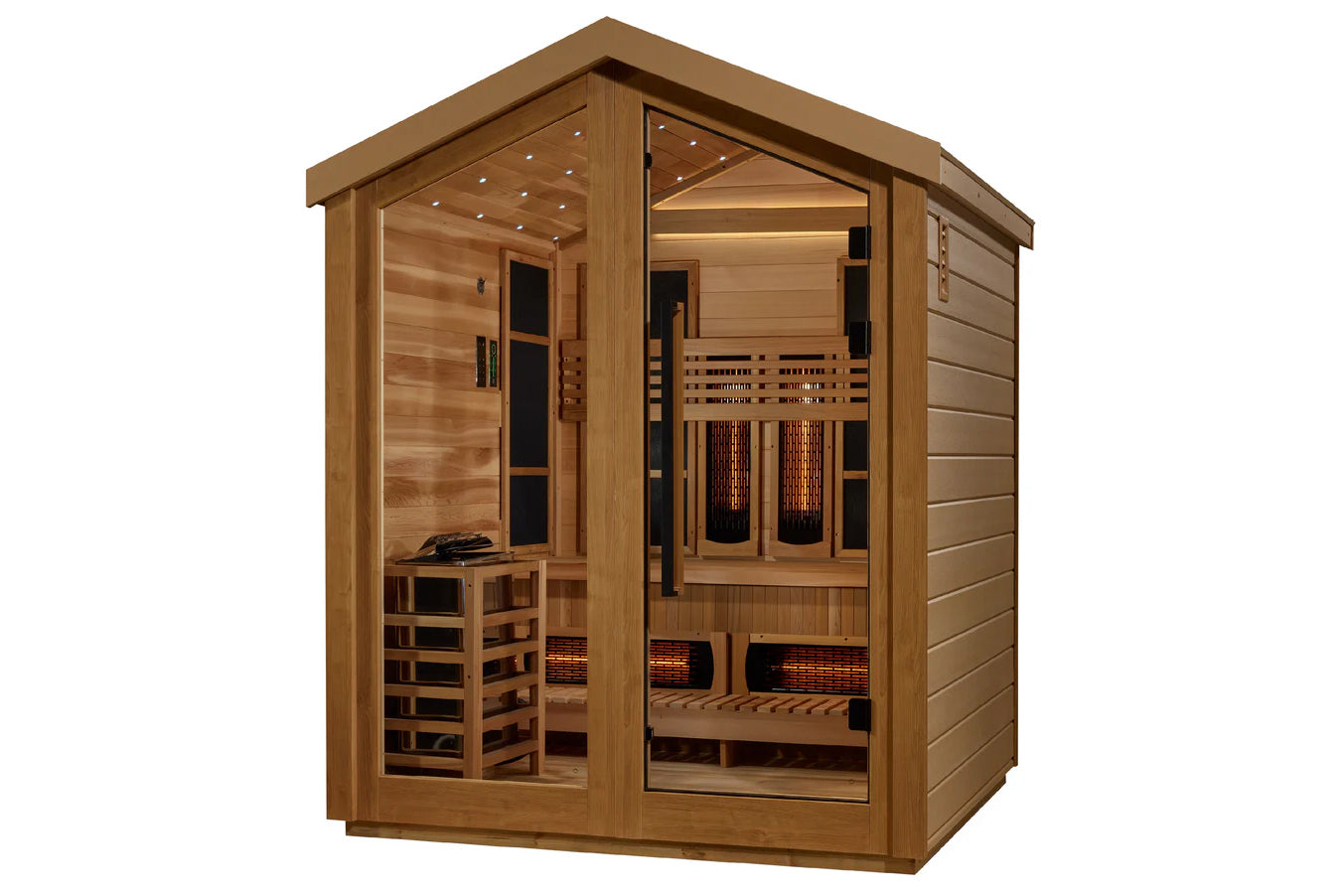 Golden Designs Loviisa 3-person hybrid sauna with cedar wood construction, glass doors, interior benches, and infrared heater