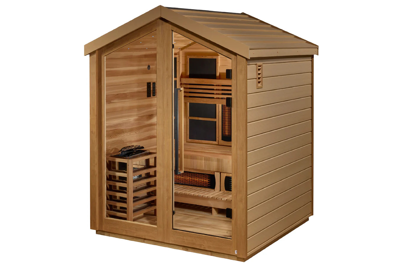Golden Designs "Loviisa" 3-person hybrid sauna in natural cedar with glass door, full spectrum heater, and wooden bench inter