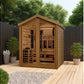 Golden Designs Loviisa sauna with cedar wood construction, glass doors, and heated benches in backyard setting