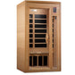 Wooden infrared sauna cabin with glass door, black interior bench seating, digital control panel on right side, and light woo