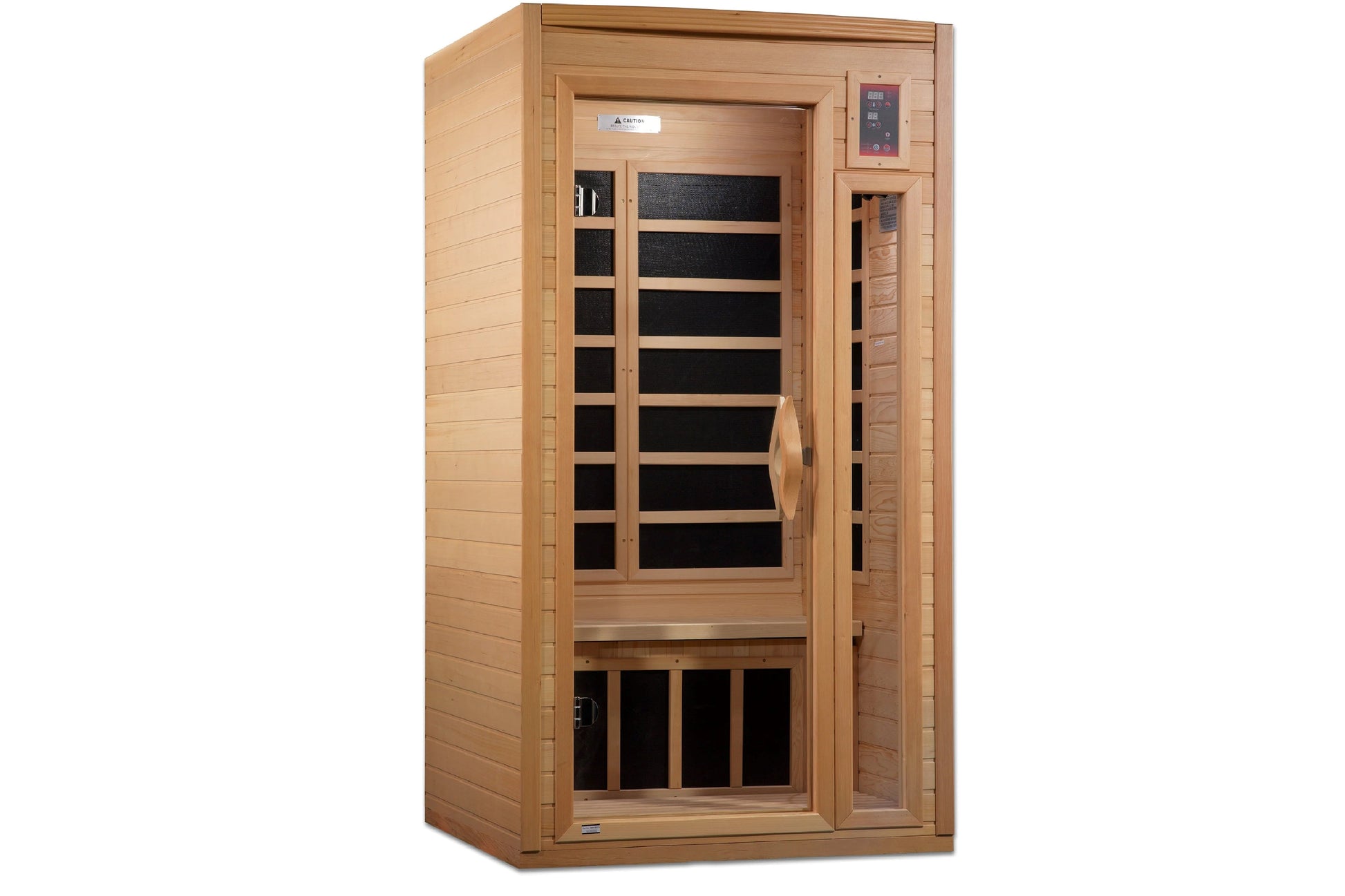 Wooden infrared sauna cabin with glass door, black interior bench seating, digital control panel on right side, and light woo