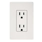 White duplex electrical outlet with two receptacles on light gray wall plate