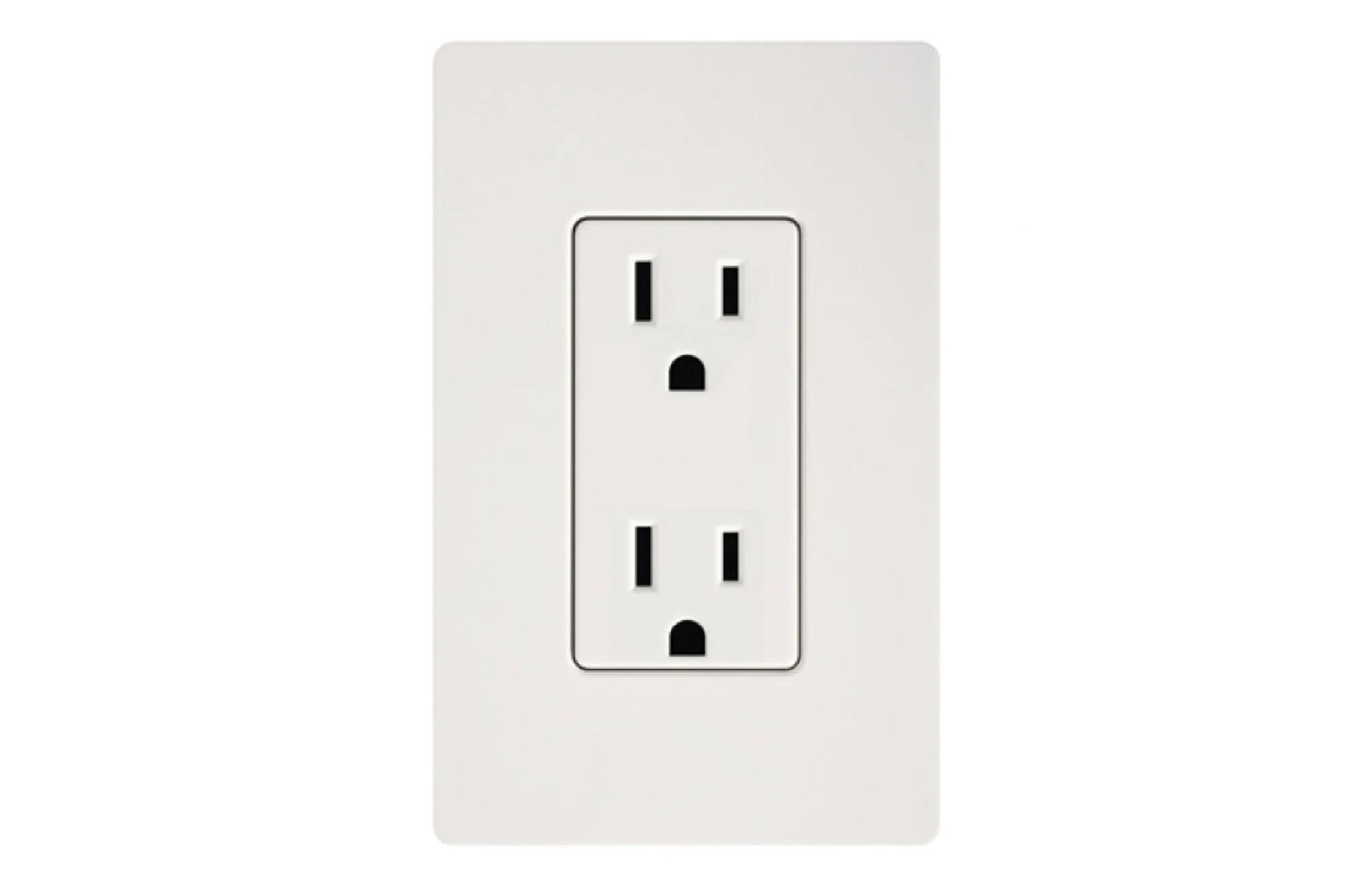 White duplex electrical outlet with two receptacles on light gray wall plate
