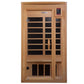 Golden Designs far infrared sauna cabin in light cedar wood with glass doors, black interior panels, digital control panel, a