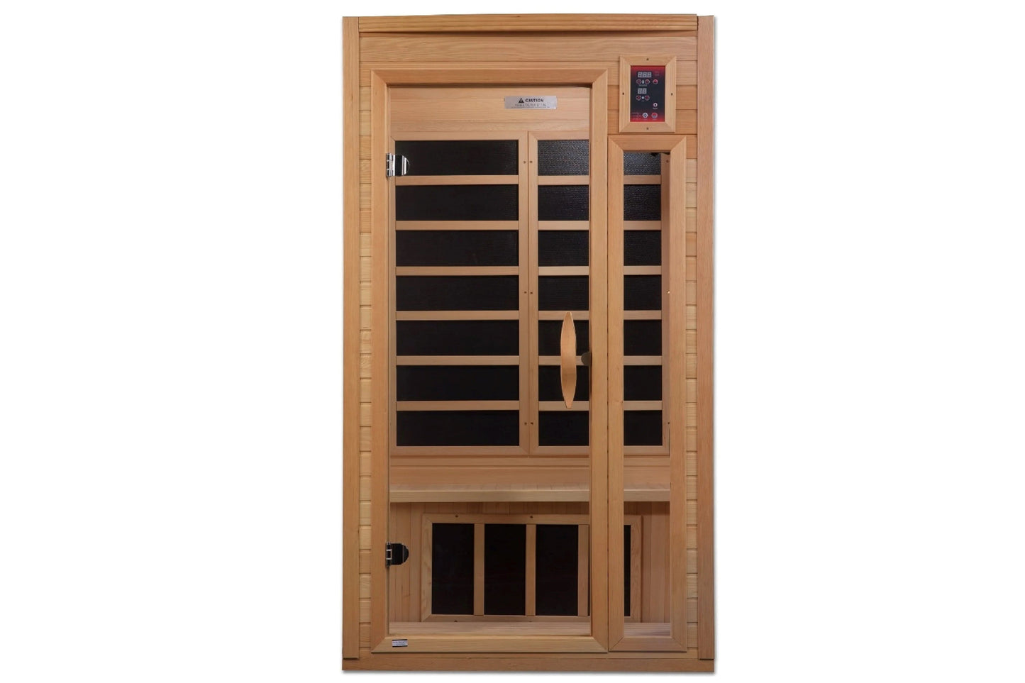 Golden Designs far infrared sauna cabin in light cedar wood with glass doors, black interior panels, digital control panel, a