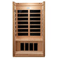 Golden Designs far infrared sauna cabin with natural wood exterior, black glass door panels, and wooden bench seat on white b
