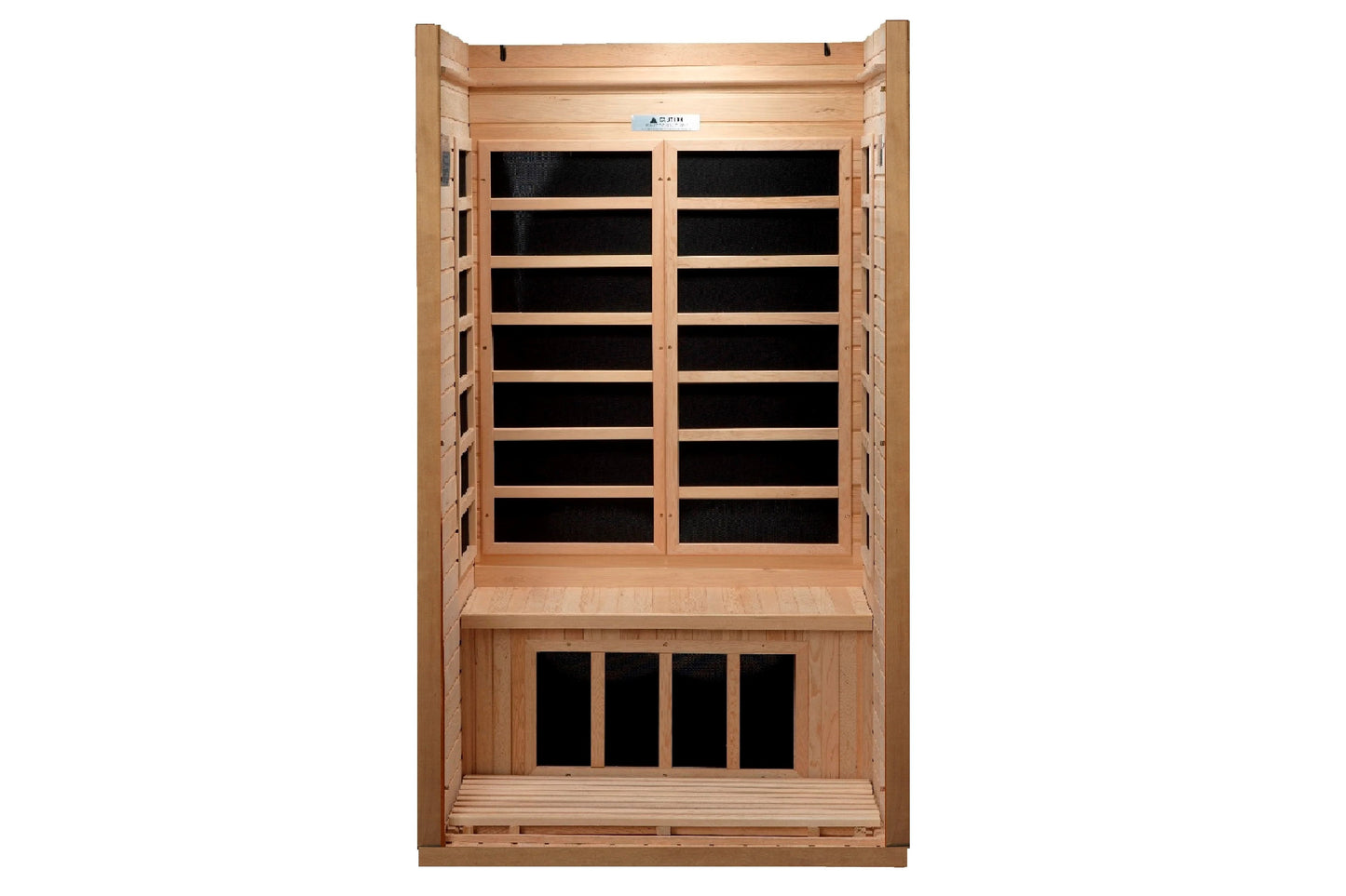 Golden Designs far infrared sauna cabin with natural wood exterior, black glass door panels, and wooden bench seat on white b