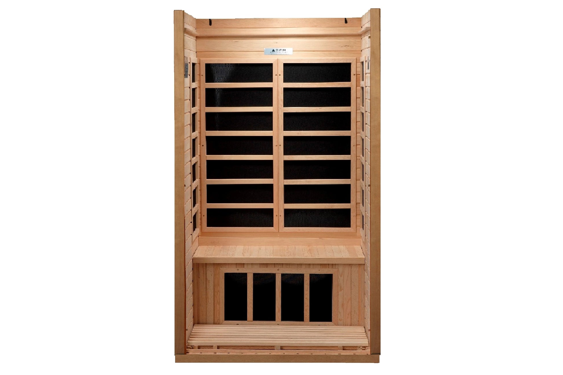 Golden Designs far infrared sauna cabin with natural wood exterior, black glass door panels, and wooden bench seat on white b