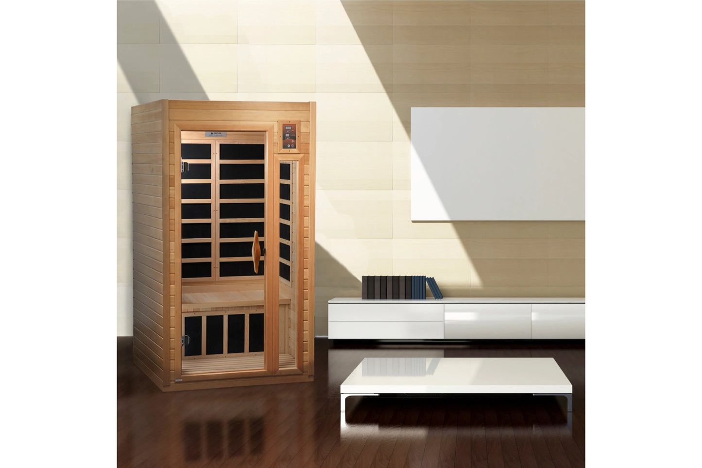 Golden Designs two-person infrared sauna with cedar wood exterior, glass double doors, and black interior panels in modern li