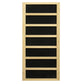 Natural wood sauna interior panel with seven black fabric sections separated by light wood dividers, front view on white back