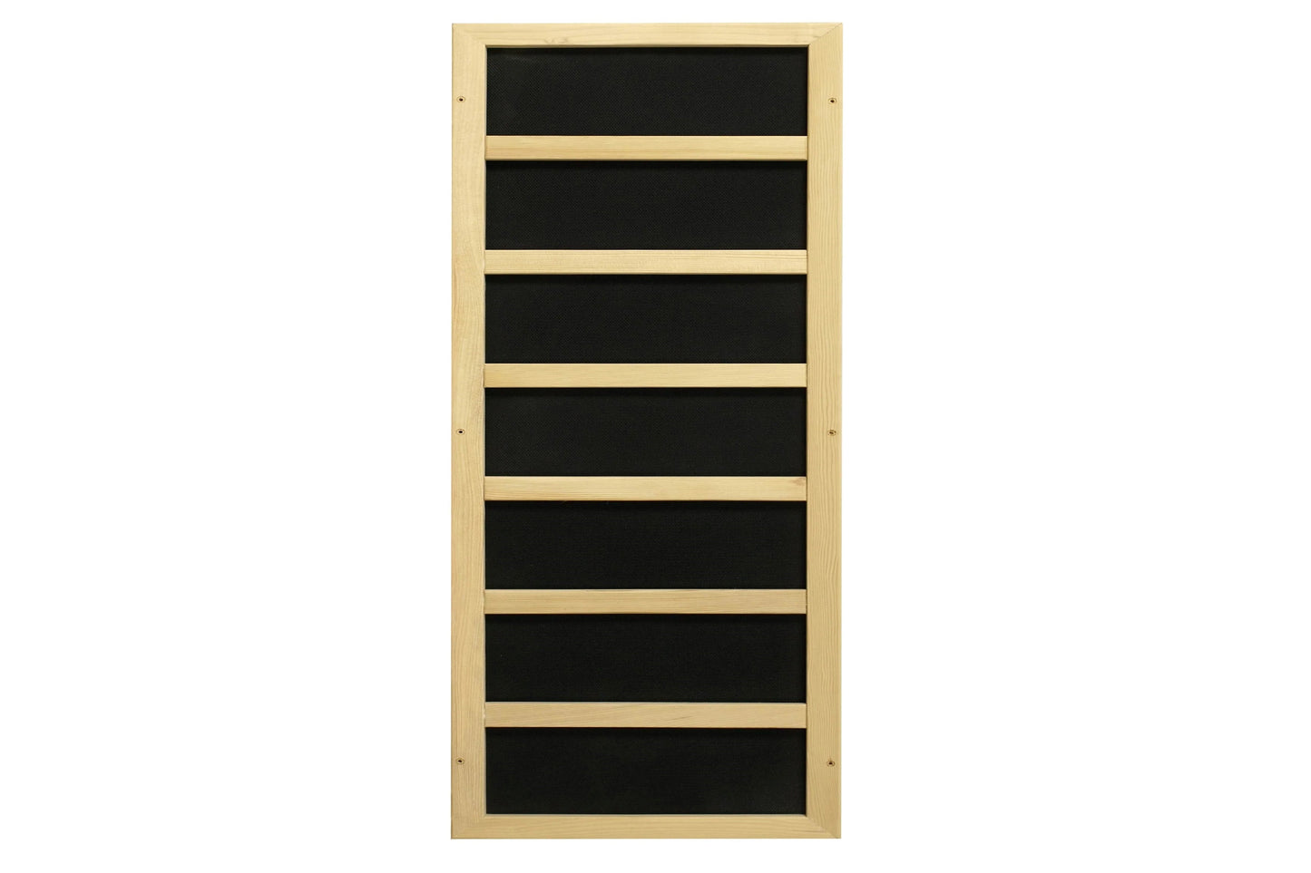 Natural wood sauna interior panel with seven black fabric sections separated by light wood dividers, front view on white back