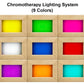 Chromotherapy lighting system with nine color options displayed in natural wood frames showing yellow, green, magenta, white,