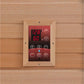 Digital sauna control panel with natural wood frame mounted on wooden wall, displaying temperature 128°F and time 60 minutes 
