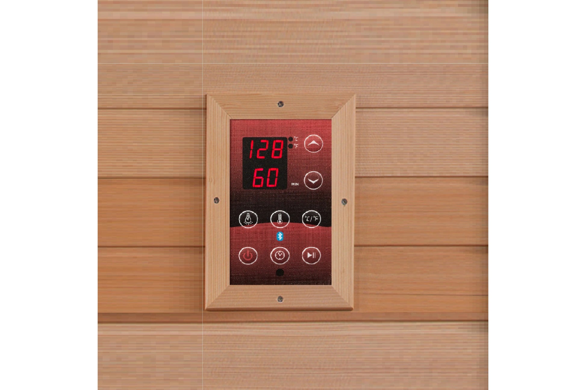 Digital sauna control panel with natural wood frame mounted on wooden wall, displaying temperature 128°F and time 60 minutes 