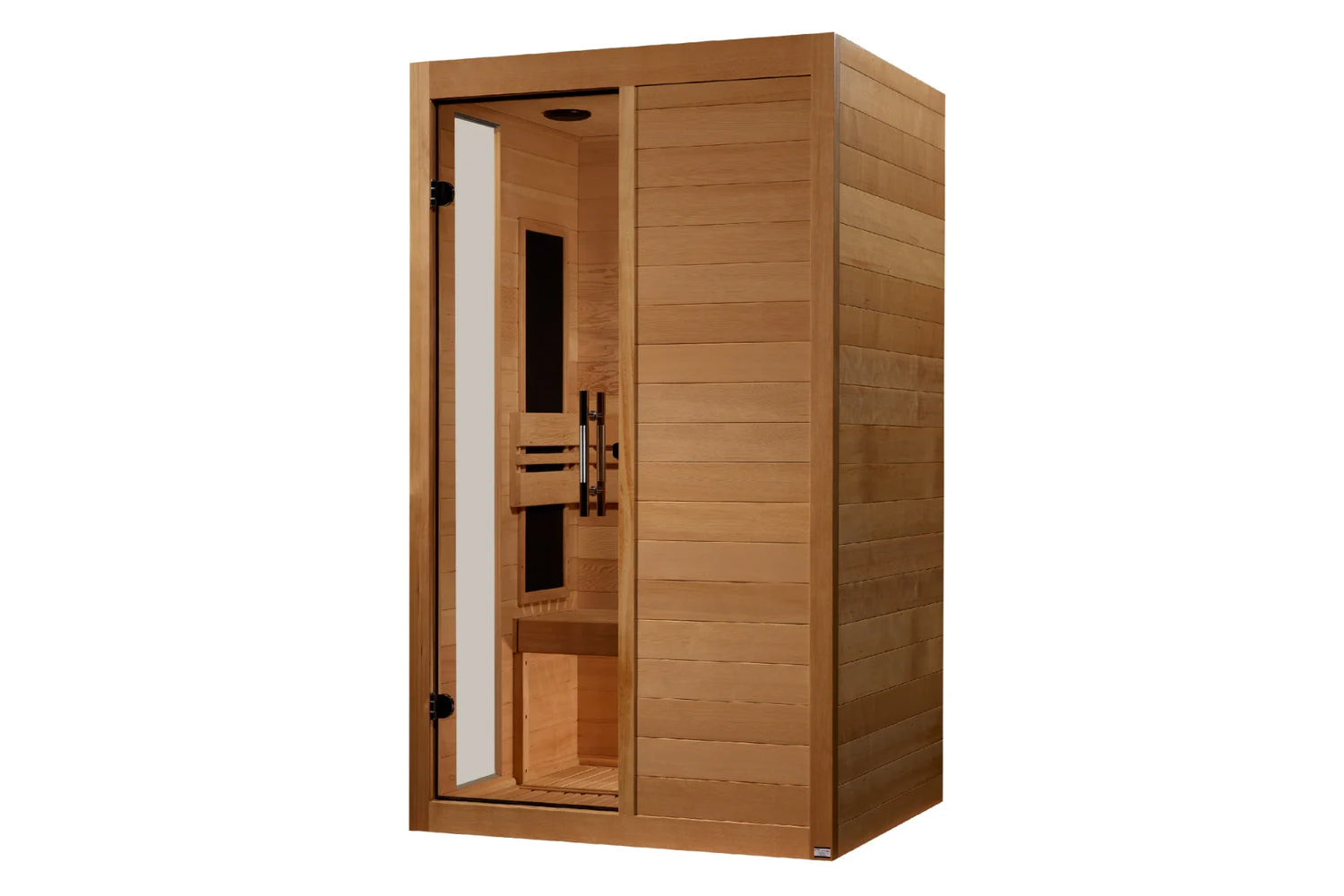 Golden Designs Lucca 2-person infrared sauna with cedar wood construction and glass door window on white background