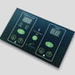 Dark teal control panel with digital temperature and timer displays, green power and heat buttons, and function icons on whit