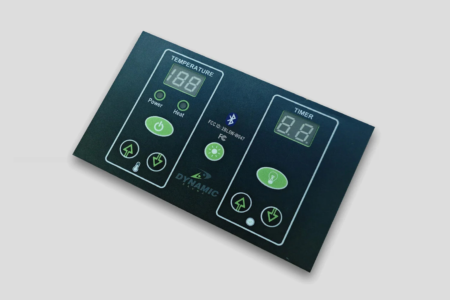 Dark teal control panel with digital temperature and timer displays, green power and heat buttons, and function icons on whit