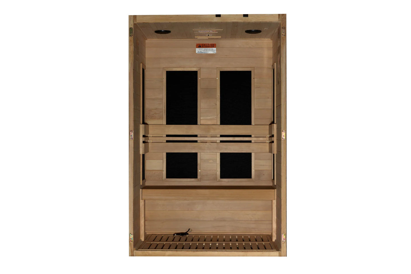 Golden Designs Lucca 2-person infrared sauna with light wood exterior, four black glass windows, and wooden bench seating, fr