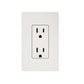 White dual electrical outlet with rounded rectangular faceplate on white background