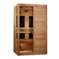 Cedar wood sauna with two tinted glass doors and black interior benches, featuring ventilation vents and metal handles, on wh