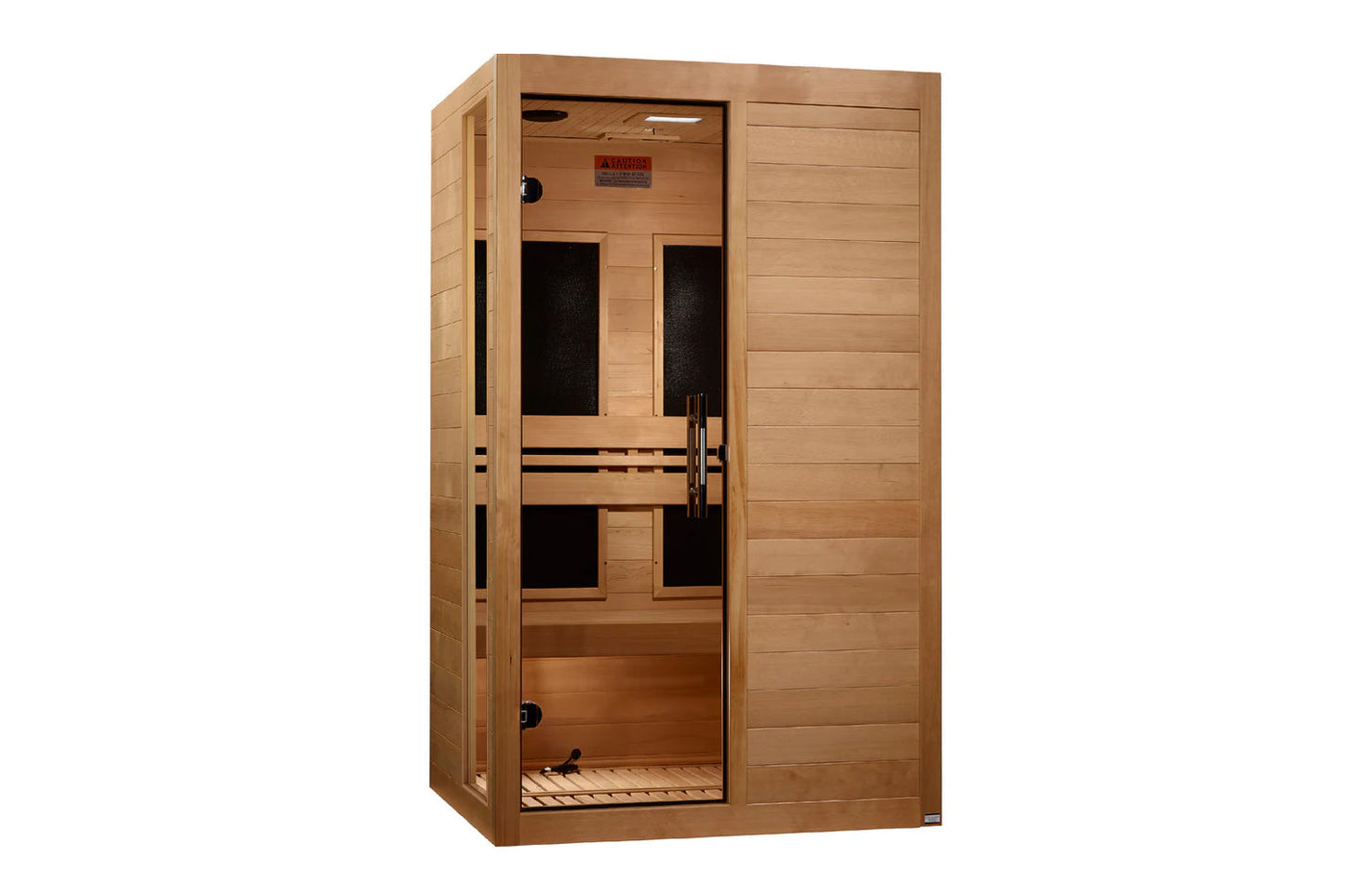 Cedar wood sauna with two tinted glass doors and black interior benches, featuring ventilation vents and metal handles, on wh