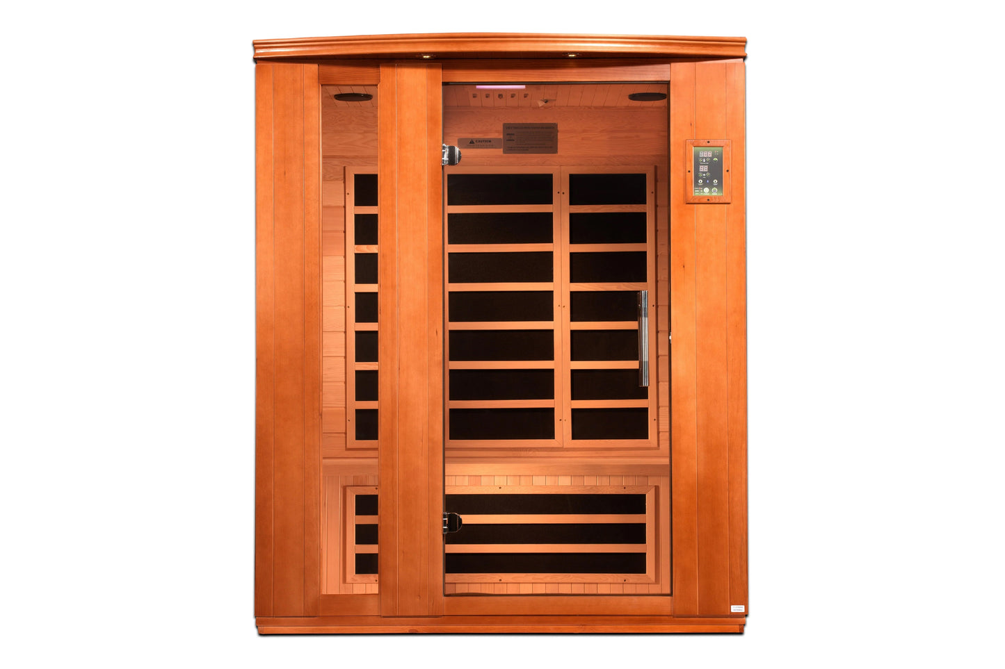 Golden Designs Lugano 3-person far infrared sauna with cedar wood construction, glass door windows, and digital control panel