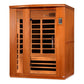 Golden Designs Lugano 3-person infrared sauna with cedar wood construction, glass front door, control panel, and black interi