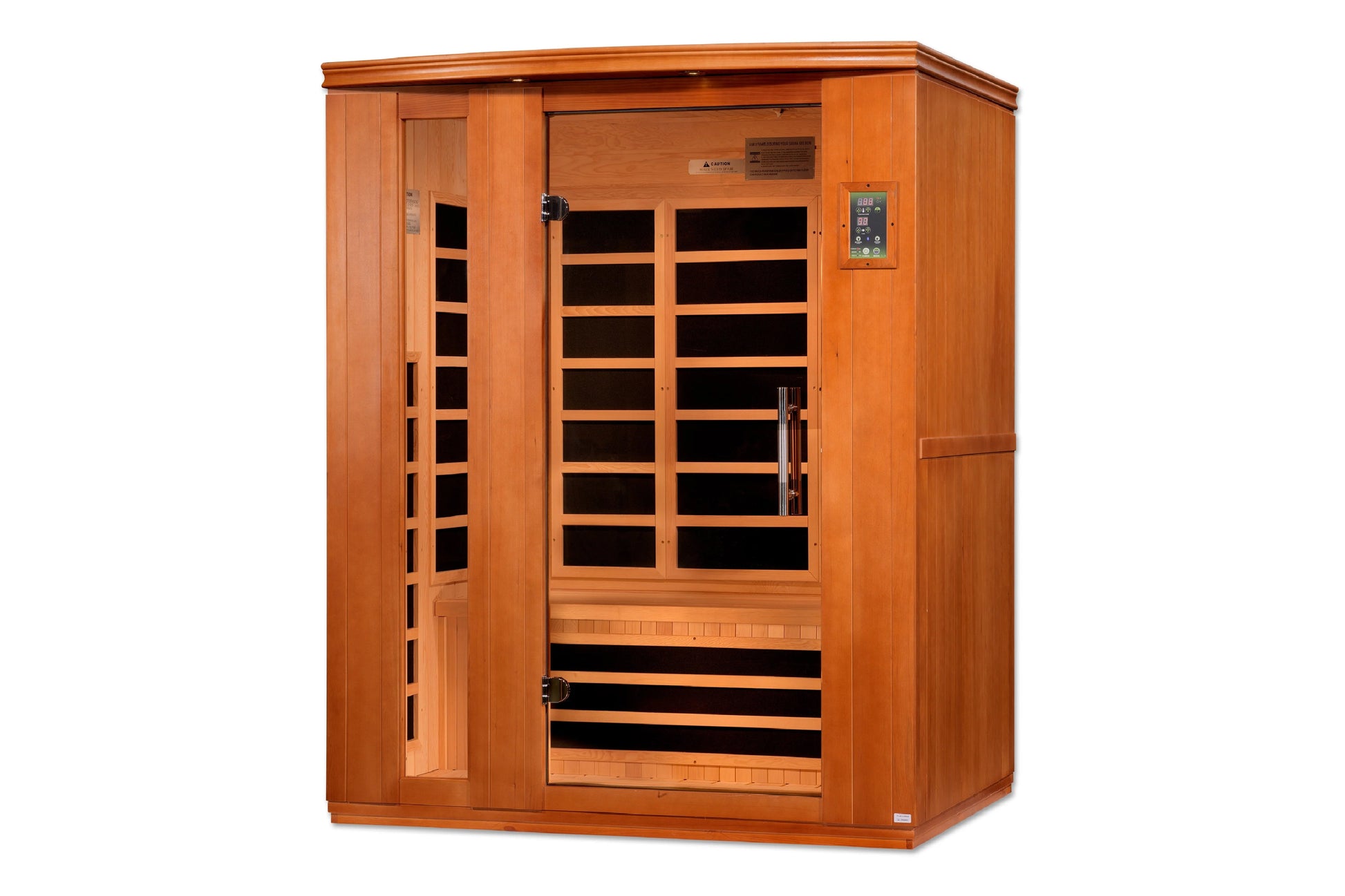 Golden Designs Lugano 3-person infrared sauna with cedar wood construction, glass front door, control panel, and black interi