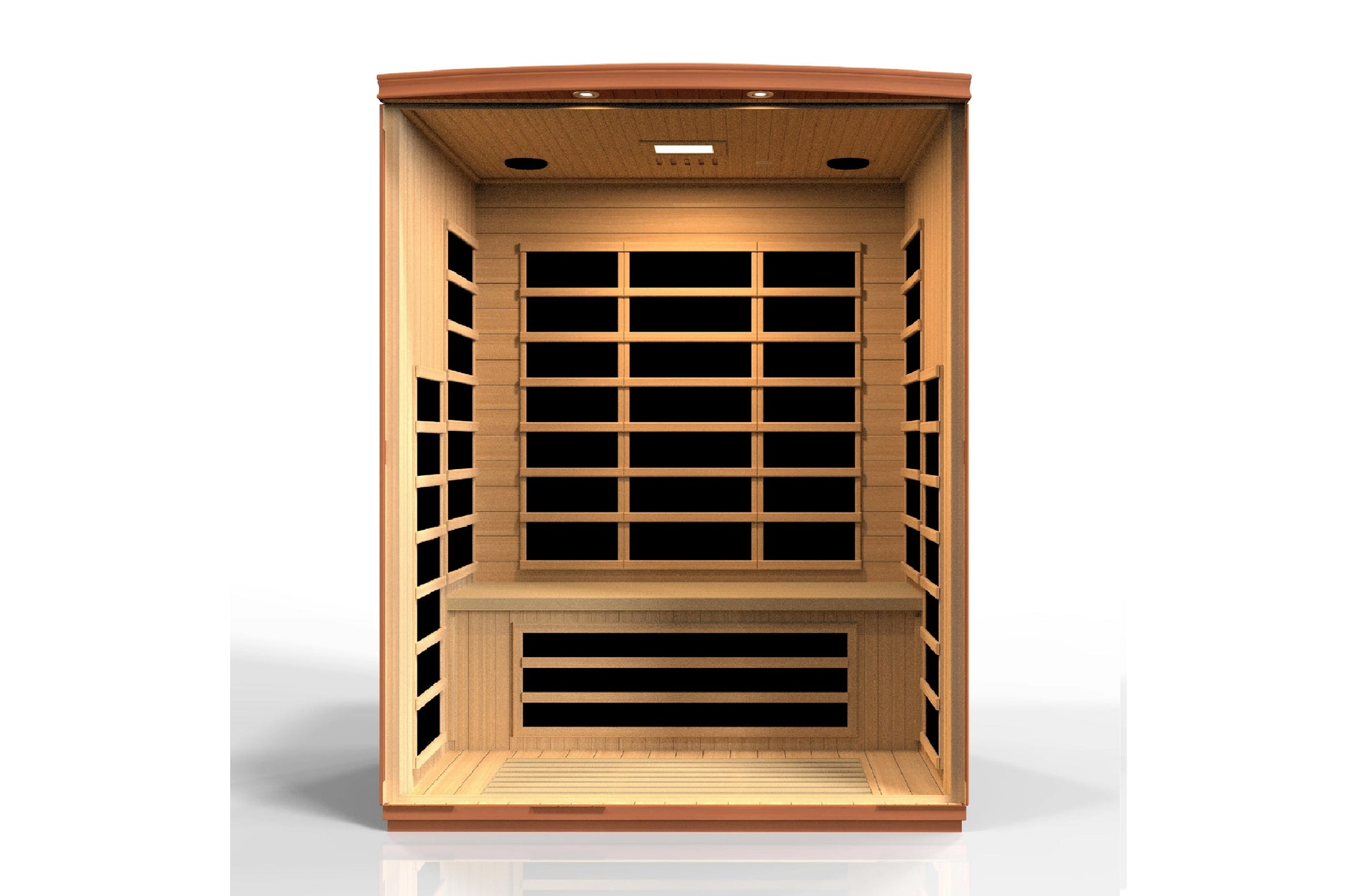 Golden Designs Lugano 3-person far infrared sauna with light wood interior and dark glass panels, front view