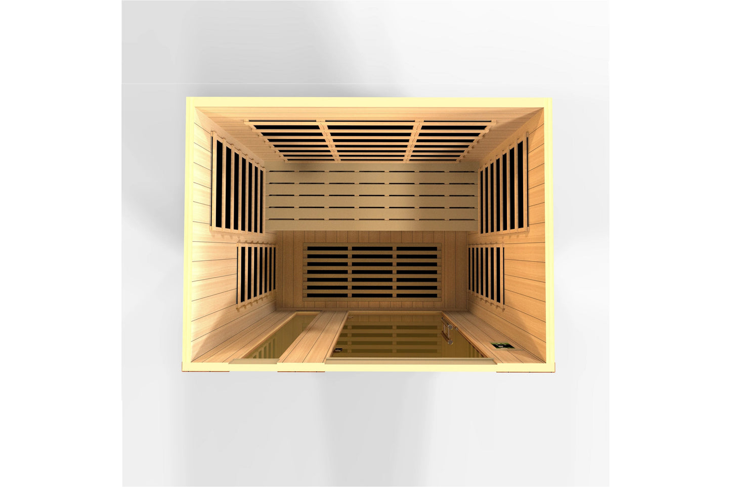 Interior view of wooden sauna cabin with light wood construction, black heating elements, and warm yellow lighting on white b