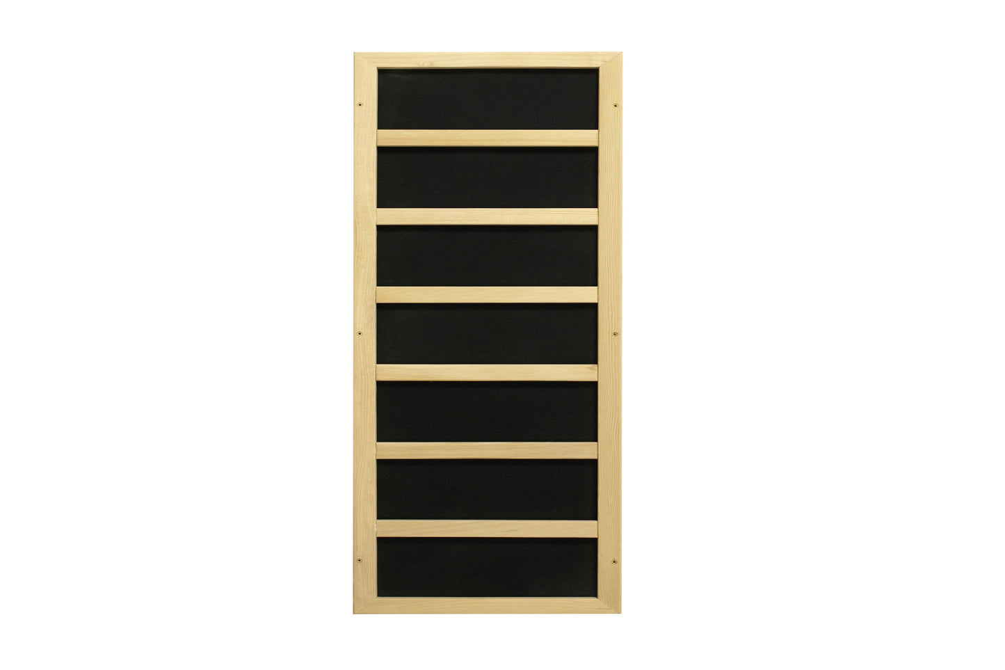 Natural wood framed sauna door with seven black glass panels separated by light wood dividers, on white background