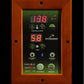 Wood-framed sauna control panel with digital temperature and time displays, temperature control buttons, and power/work/heat 
