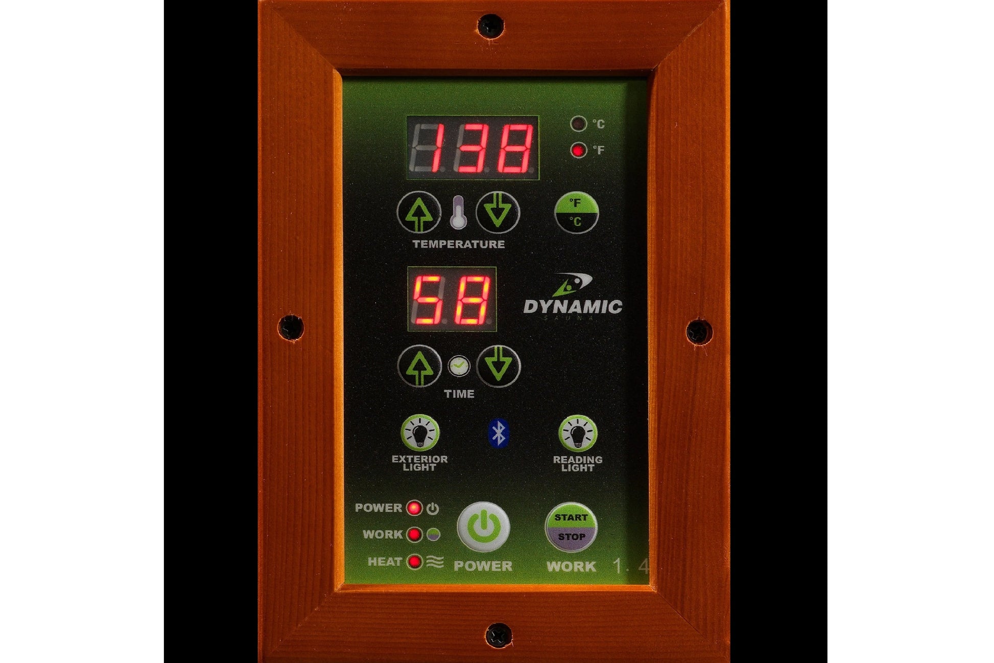 Wood-framed sauna control panel with digital temperature and time displays, temperature control buttons, and power/work/heat 