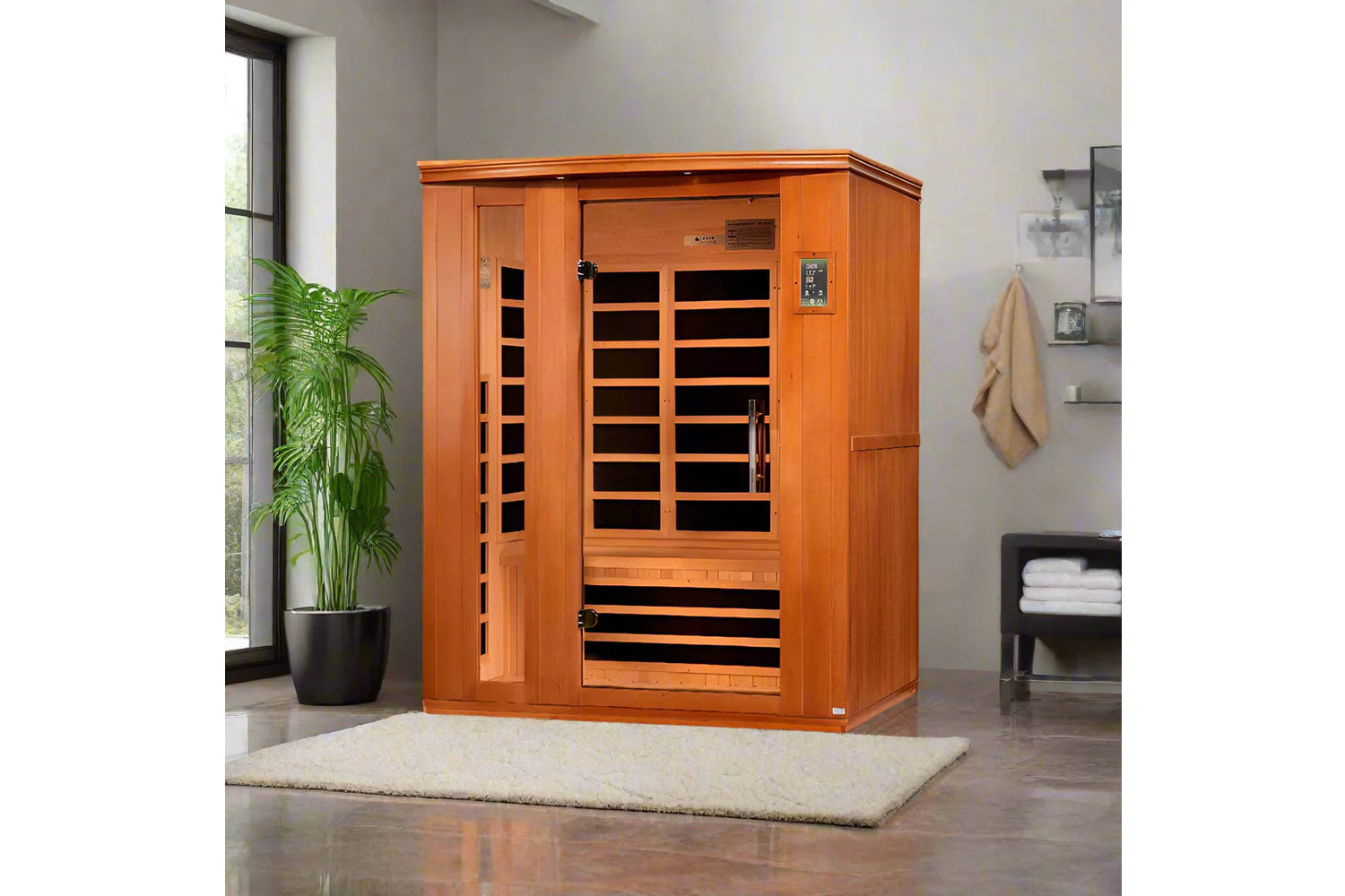 Golden Designs Lugano 3-person infrared sauna in orange wood with glass door and control panel, on cream mat in modern bathro