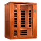 Cedar wood far infrared sauna cabin with glass door panels and black heating elements, digital control panel on right side, a
