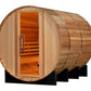 Cylindrical wooden barrel sauna with natural cedar exterior, open door showing orange interior with wooden benches, metal ban
