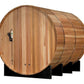 Cylindrical wooden barrel sauna made of light cedar wood with metal bands, mounted on black support legs, featuring a curved 