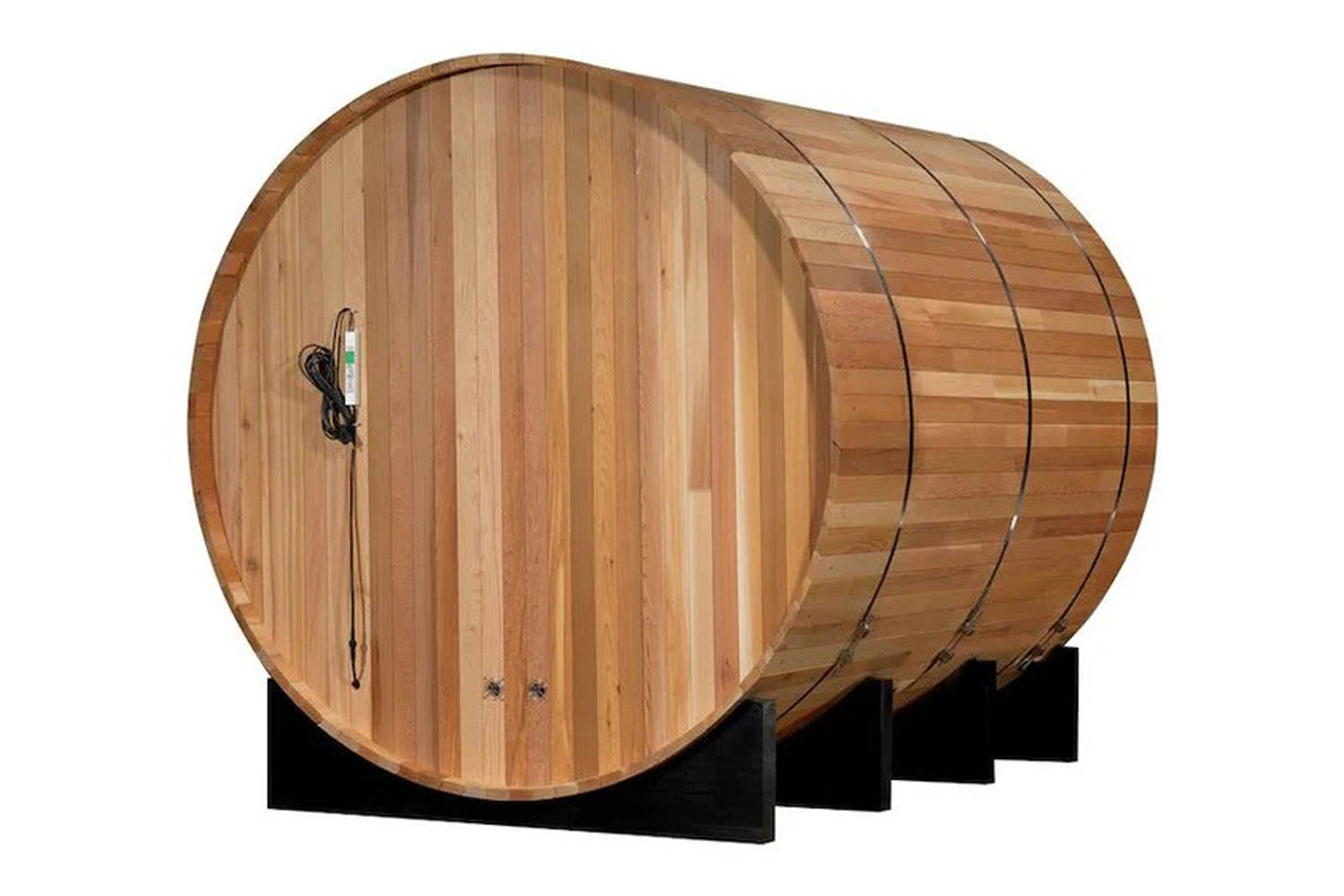 Cylindrical wooden barrel sauna made of light cedar wood with metal bands, mounted on black support legs, featuring a curved 