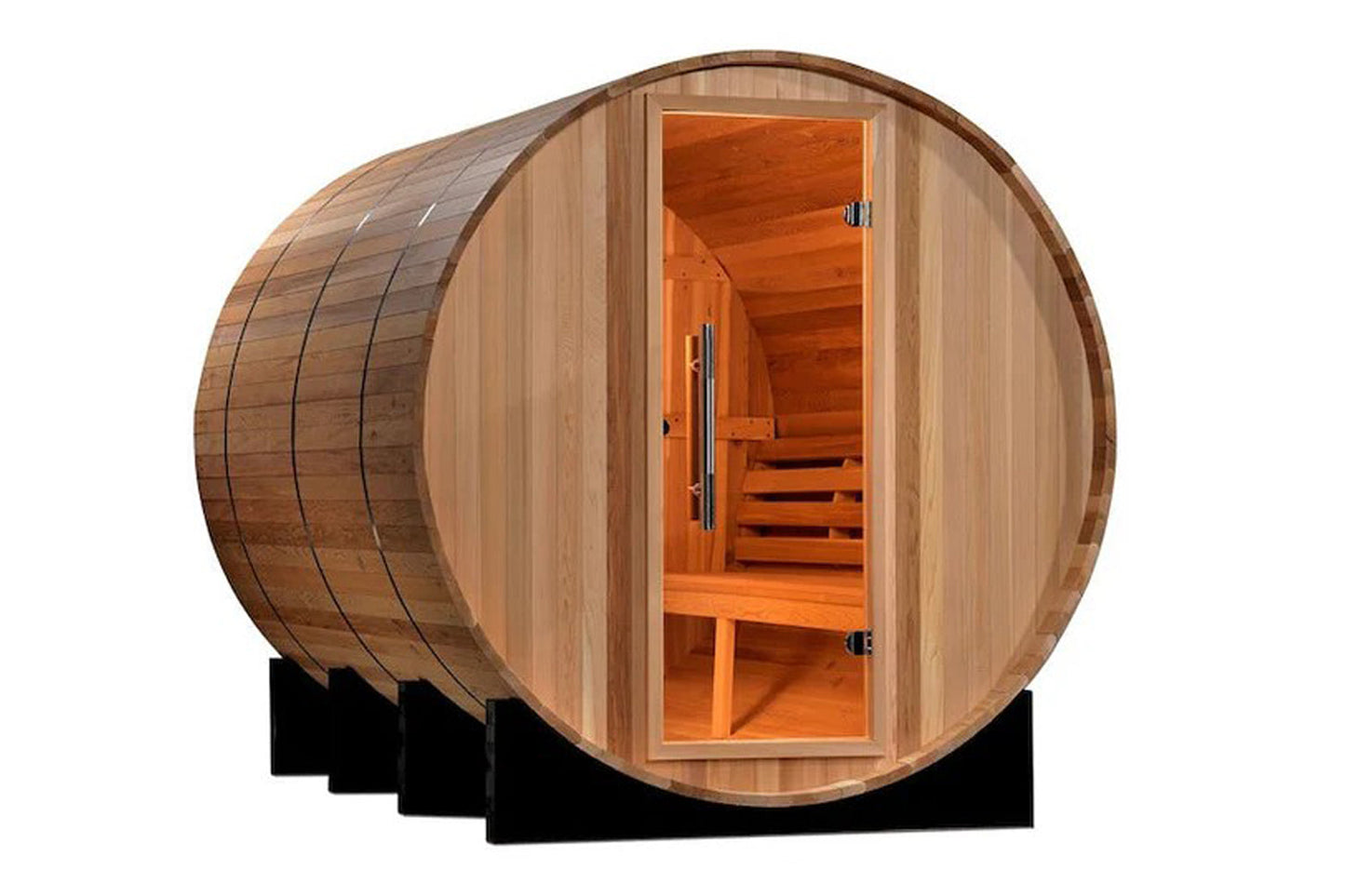 Wooden barrel sauna with natural cedar exterior, open glass door revealing orange-tinted interior with wooden benches and met