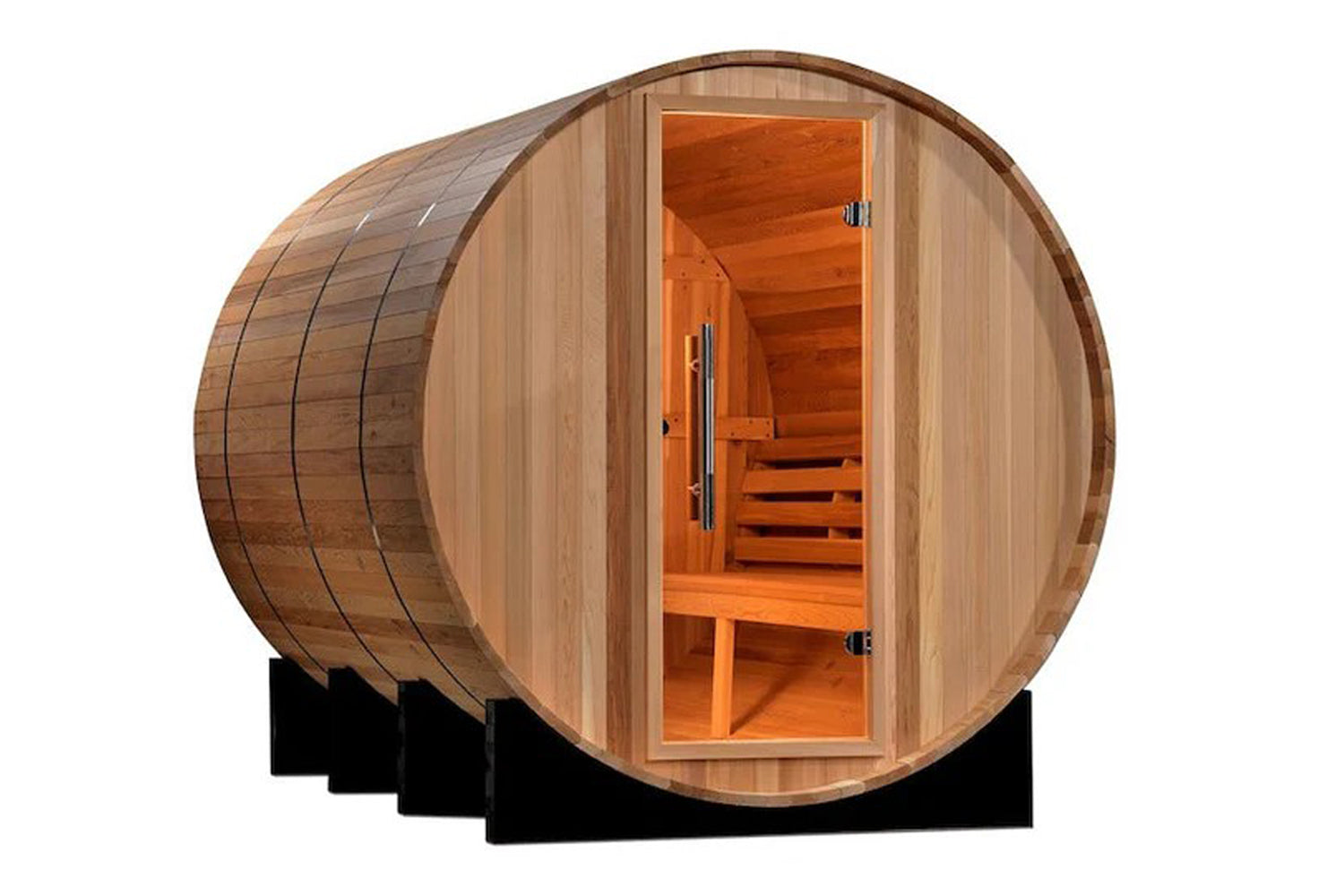 Wooden barrel sauna with natural cedar exterior, open glass door revealing orange-tinted interior with wooden benches and met