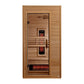 Golden Designs Martin infrared sauna with cedar wood construction, glass door, wooden bench seating, and red heating elements