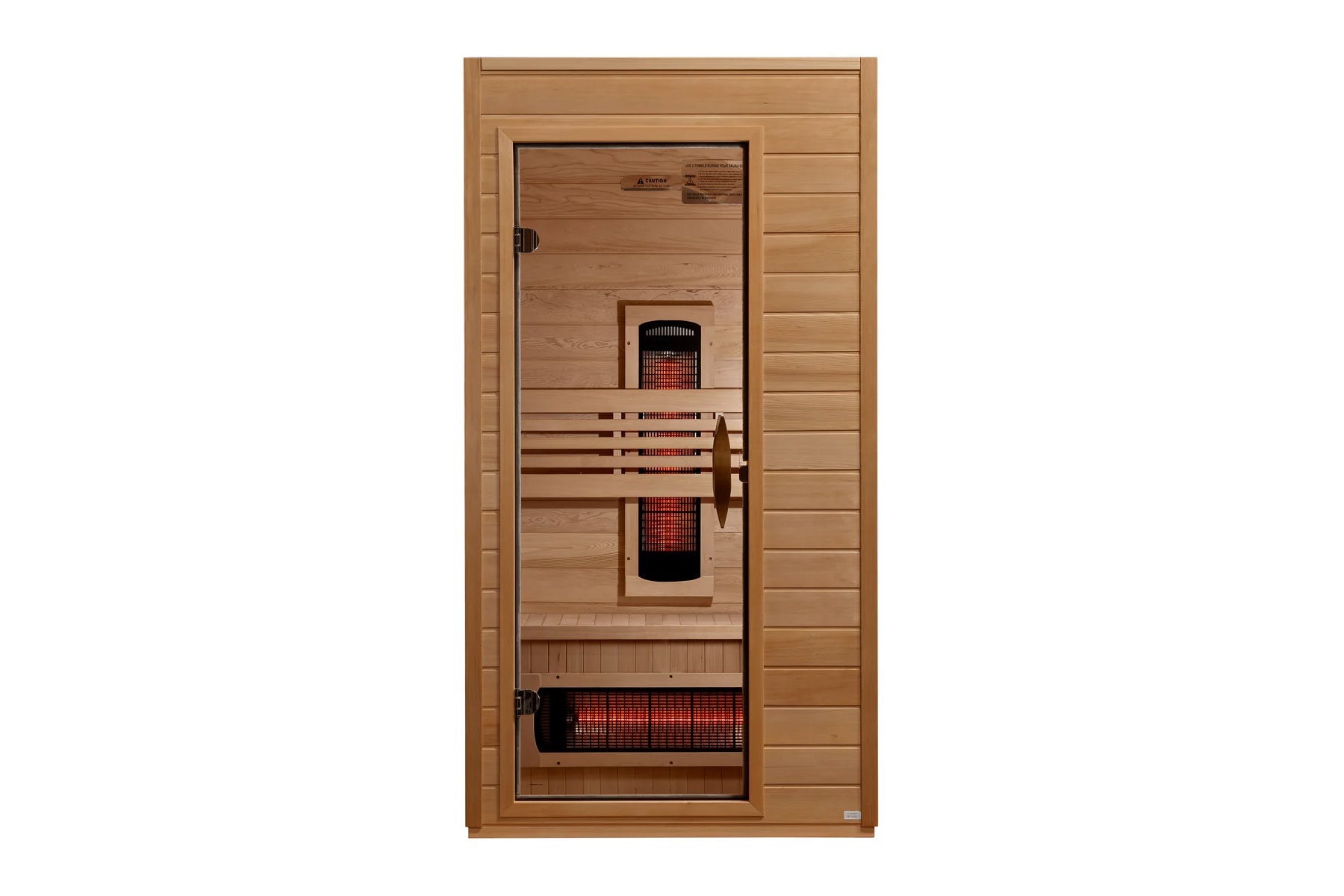 Golden Designs Martin infrared sauna with cedar wood construction, glass door, wooden bench seating, and red heating elements