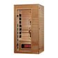 Golden Designs Martin infrared sauna with light wood construction, glass door panel, interior wooden benches, and red heating